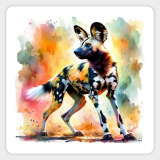 Savanna Symphony: Vibrant African Wild Dog Watercolor Sticker